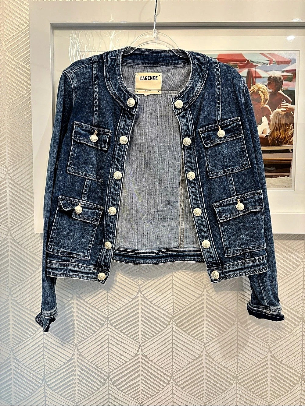 L'AGENCE Yari Collarless Denim Jacket Blue Small